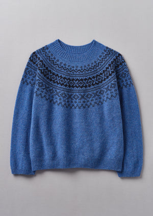 Fair Isle Yoke Wool Sweater | Cornflower/Navy