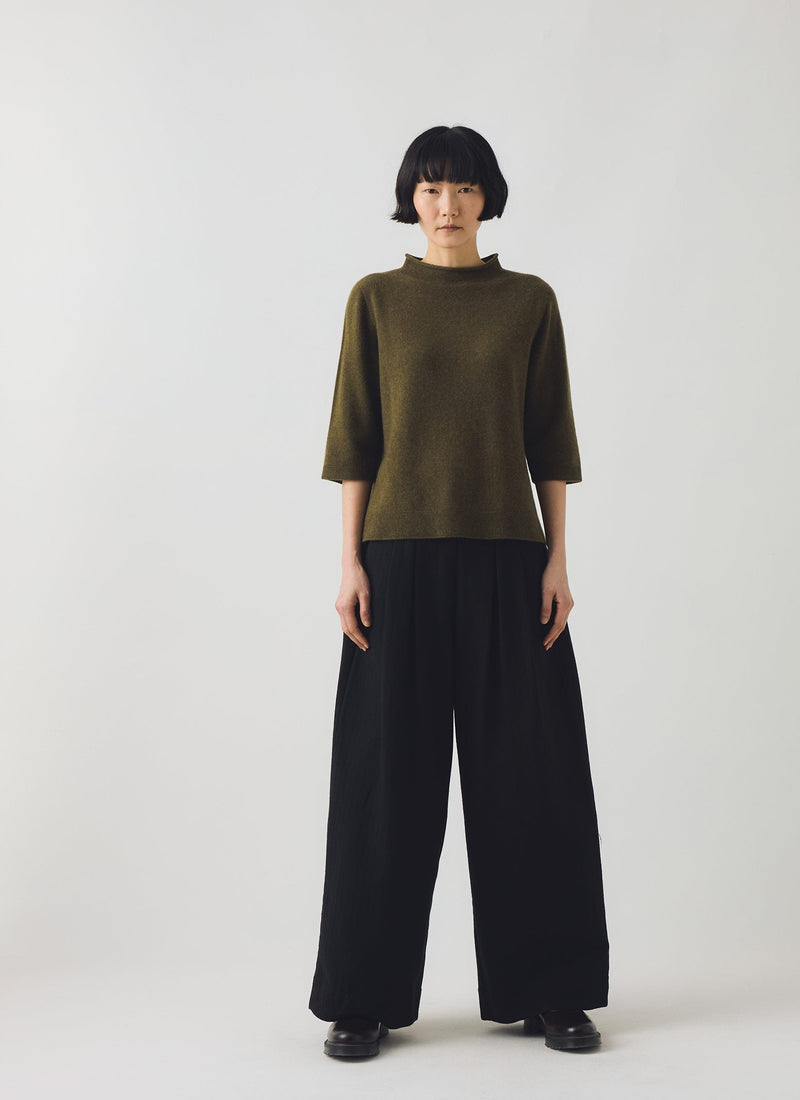 Fine Wool Cashmere Half Sleeve Sweater | Olive Melange