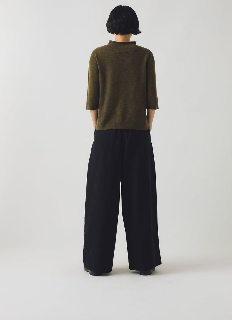 Fine Wool Cashmere Half Sleeve Sweater | Olive Melange