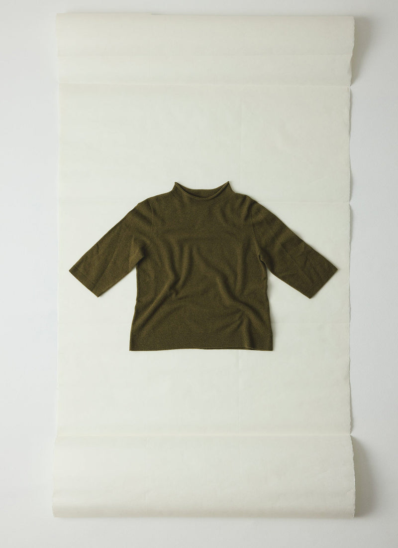 Fine Wool Cashmere Half Sleeve Sweater | Olive Melange