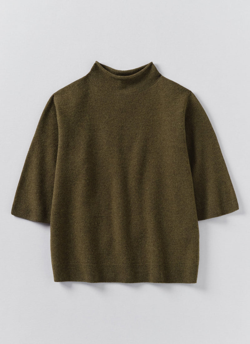Fine Wool Cashmere Half Sleeve Sweater | Olive Melange