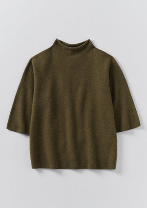 Fine Wool Cashmere Half Sleeve Sweater | Olive Melange