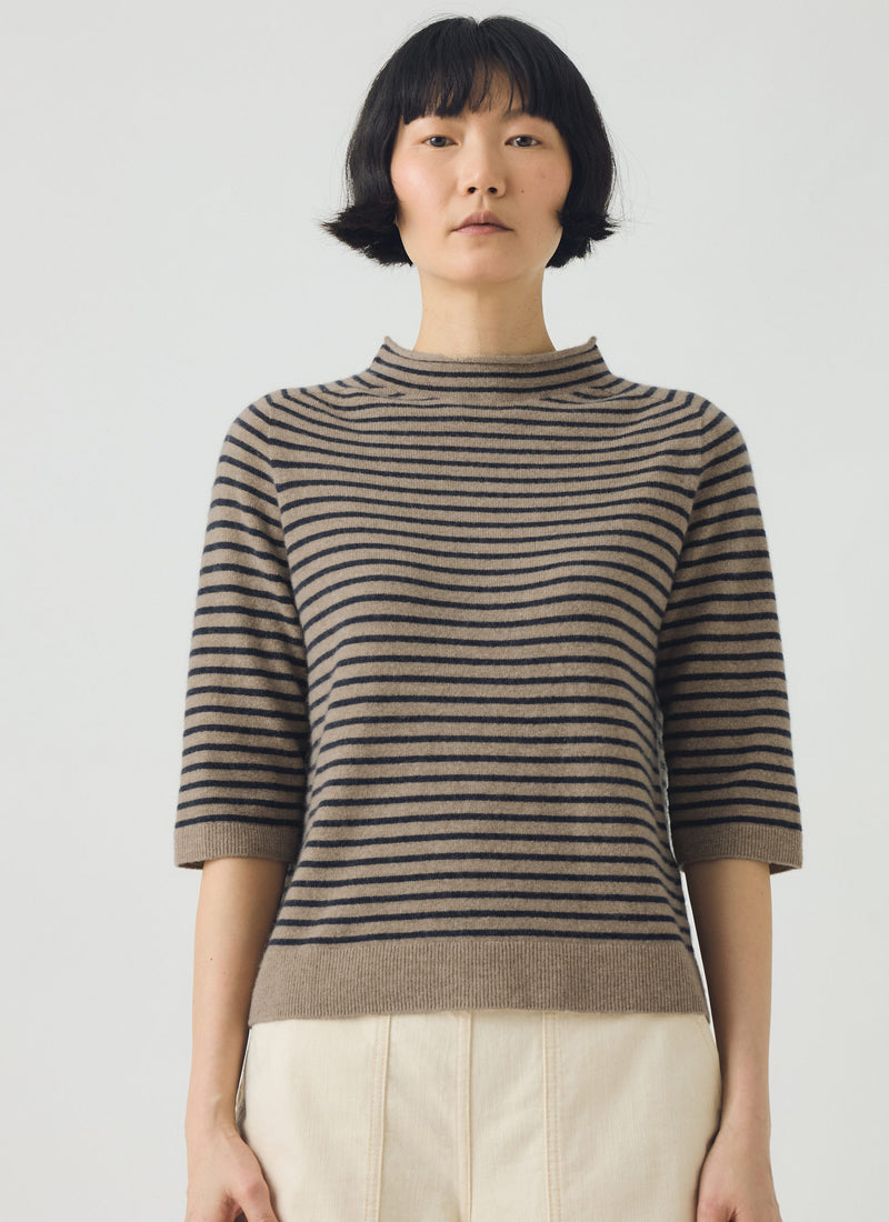Stripe Wool Cashmere Half Sleeve Sweater | Biscuit/Anthracite