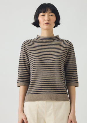 Stripe Wool Cashmere Half Sleeve Sweater | Biscuit/Anthracite | TOAST