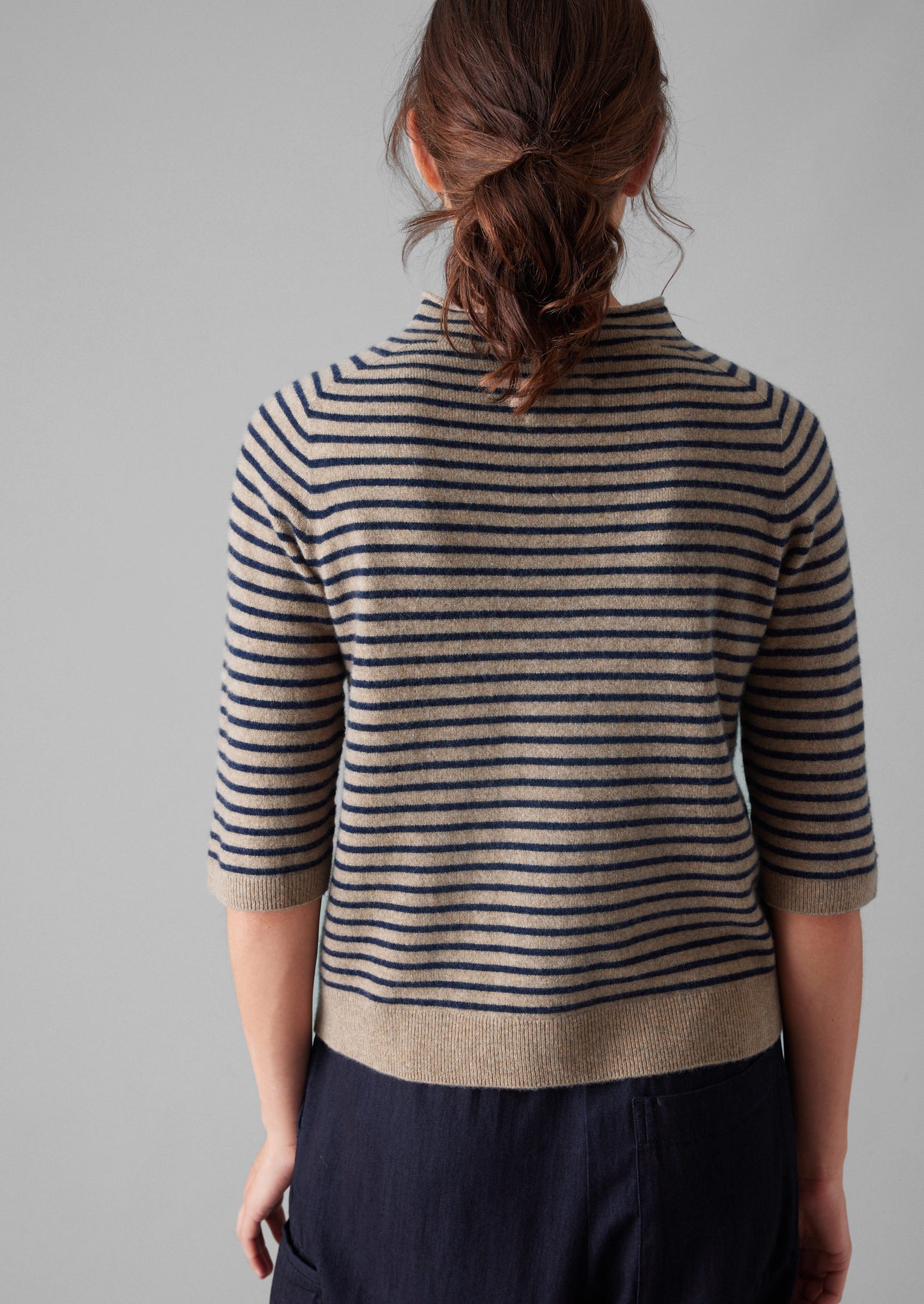 Stripe Wool Cashmere Half Sleeve Sweater | Biscuit/Anthracite