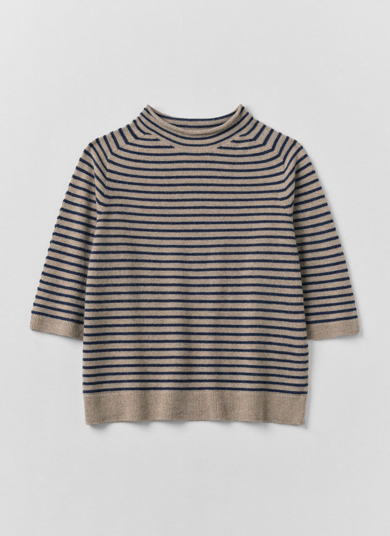 Stripe Wool Cashmere Half Sleeve Sweater | Biscuit/Anthracite