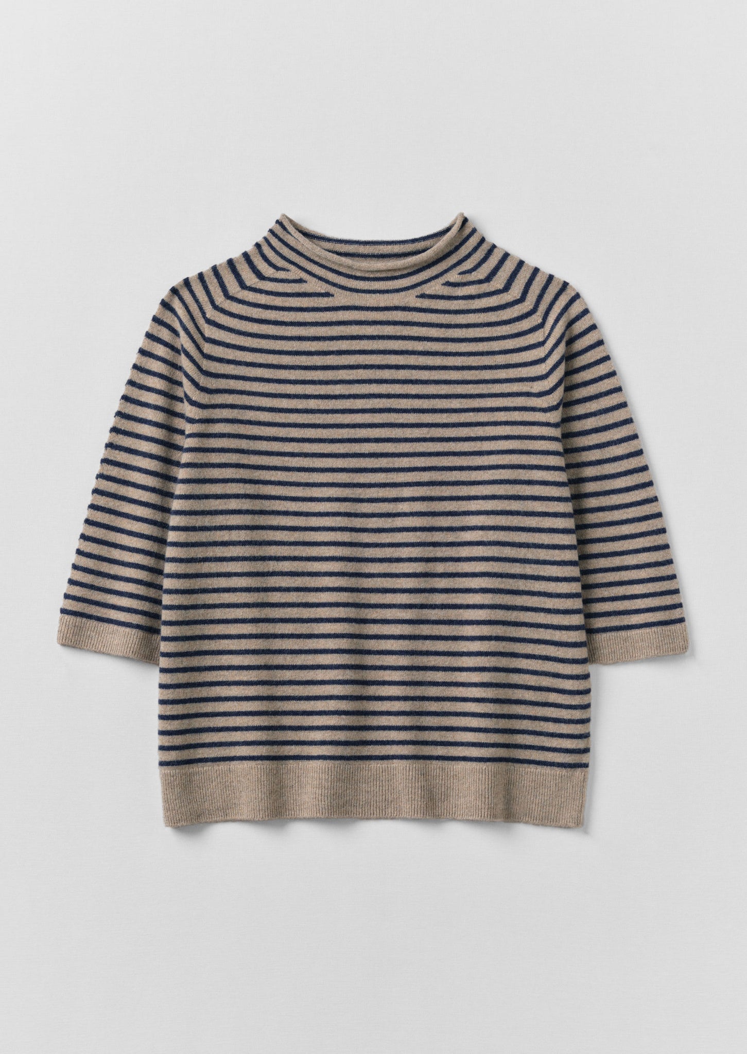 Stripe Wool Cashmere Half Sleeve Sweater | Biscuit/Anthracite