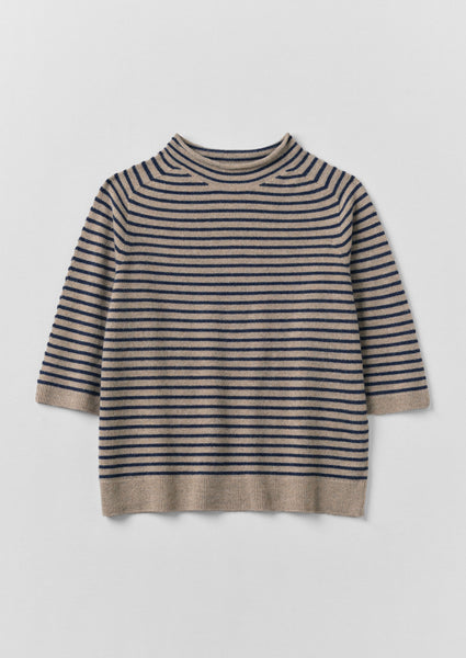 Stripe Wool Cashmere Half Sleeve Sweater Biscuit Anthracite