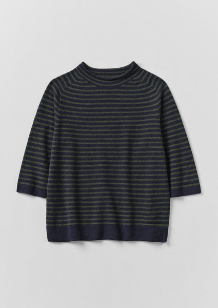 Stripe Wool Cashmere Half Sleeve Sweater Dark Navy Olive