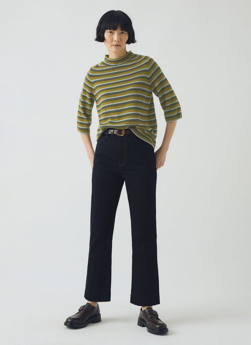 Stripe Wool Cashmere Half Sleeve Sweater | Green Multi