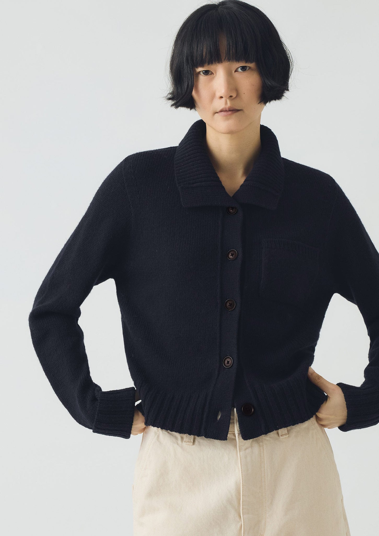 Collared Wool Cardigan | Dark Navy