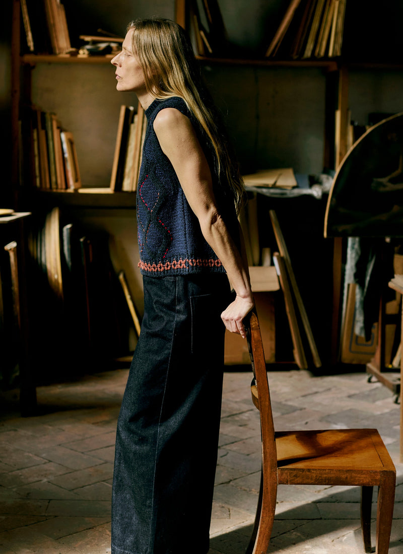 Hand Embellished Cable Tank | Blue Multi