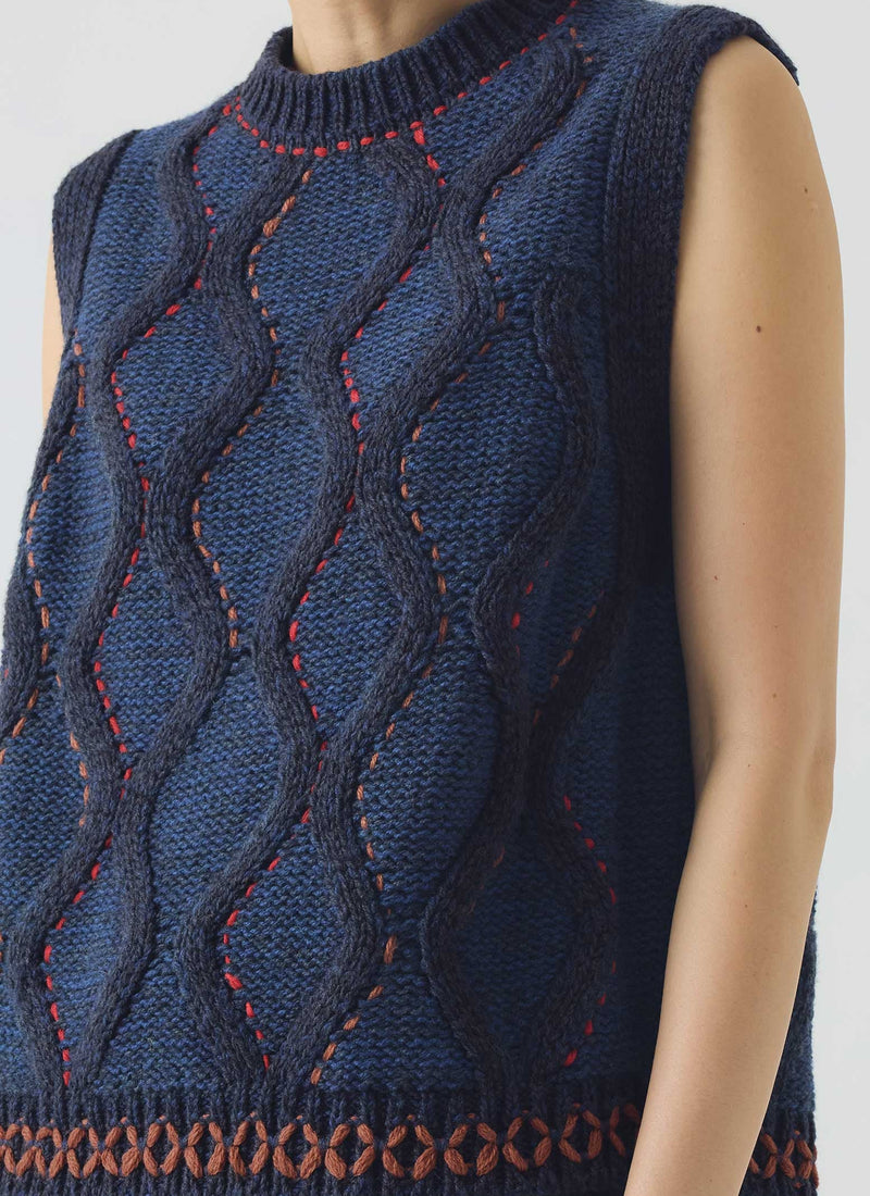 Hand Embellished Cable Tank | Blue Multi