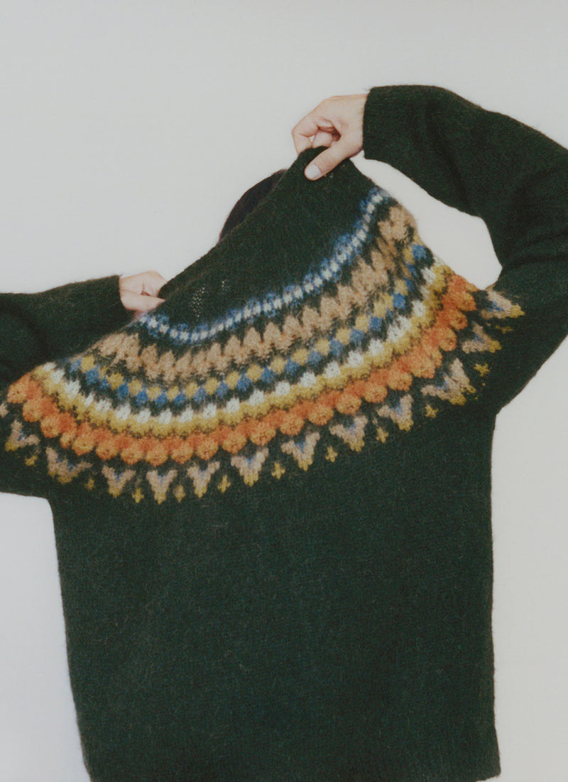 Brushed Mohair Wool Patterned Yoke Sweater | Peacock Multi