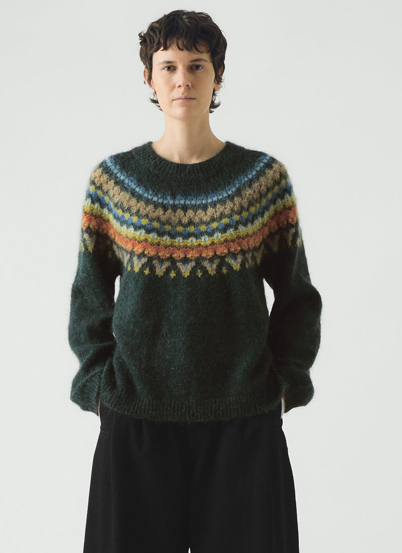 Brushed Mohair Wool Patterned Yoke Sweater | Peacock Multi