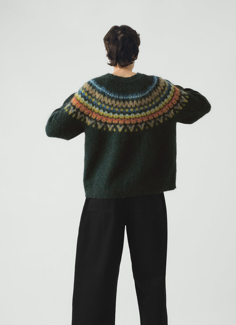 Brushed Mohair Wool Patterned Yoke Sweater | Peacock Multi