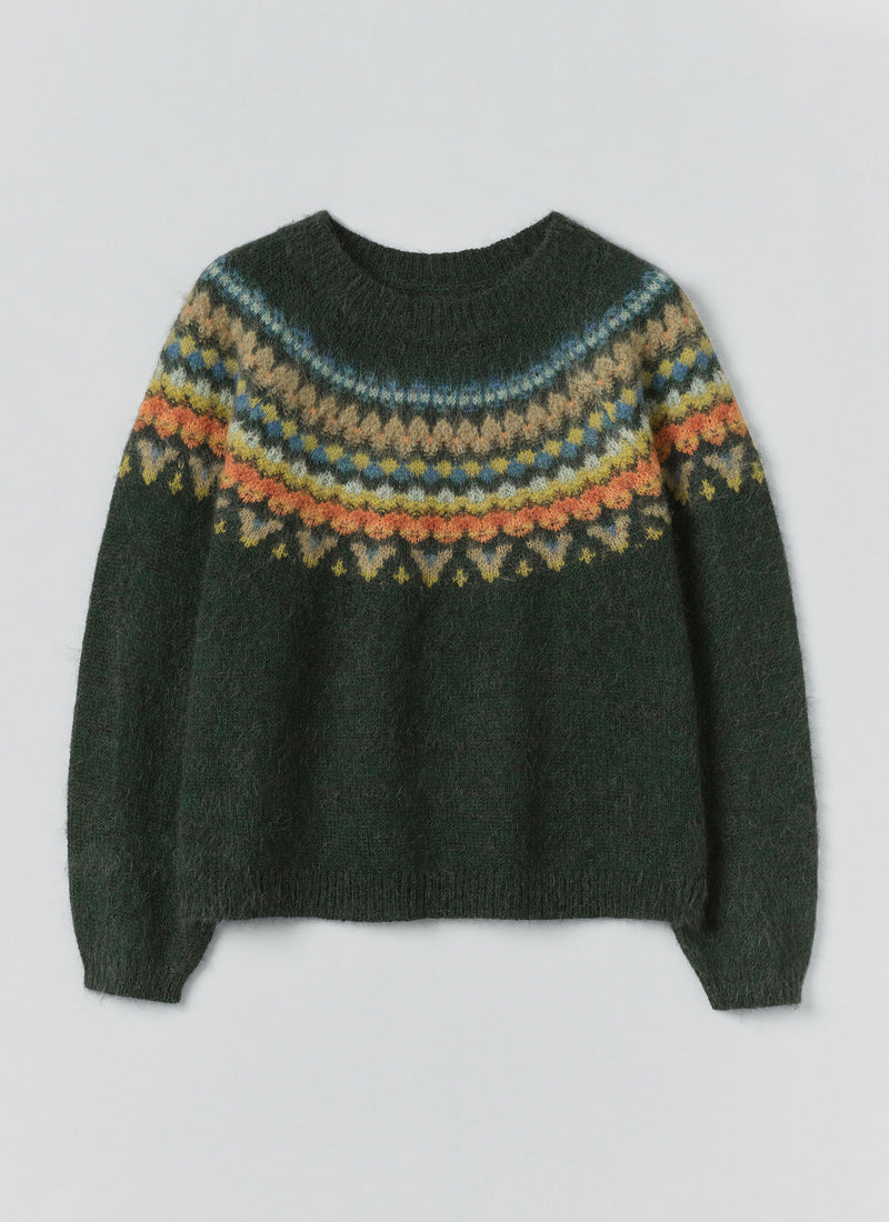 Brushed Mohair Wool Patterned Yoke Sweater | Peacock Multi