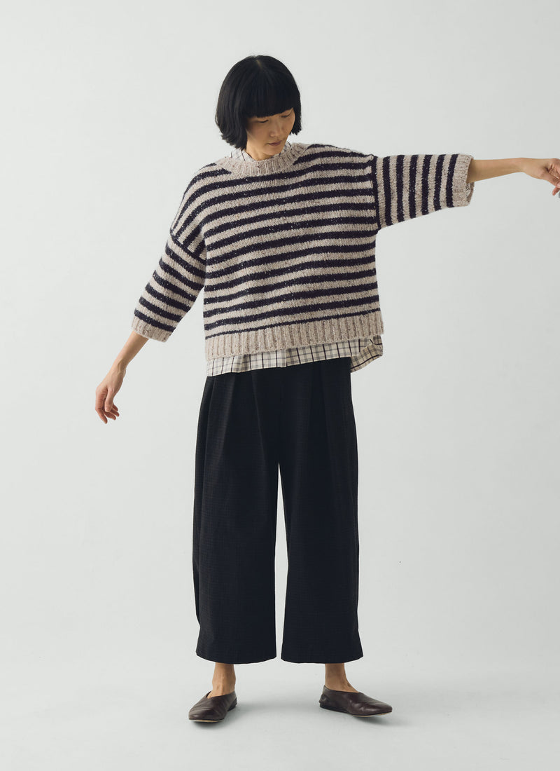 Stripe Donegal Short Sleeve Sweater | Soft Black/Oatmeal