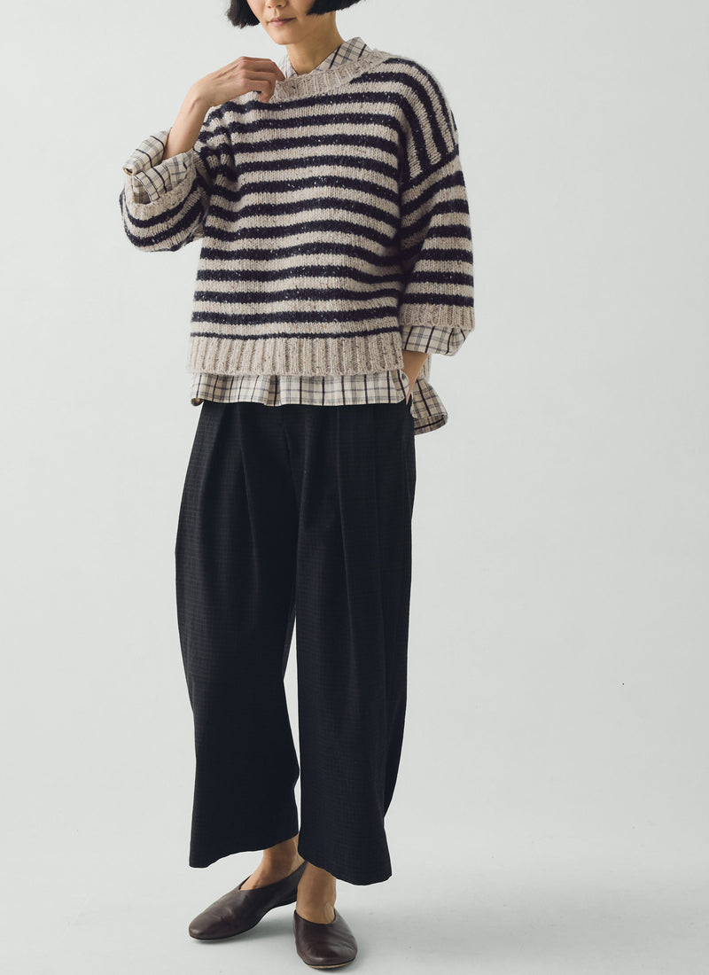 Stripe Donegal Short Sleeve Sweater | Soft Black/Oatmeal