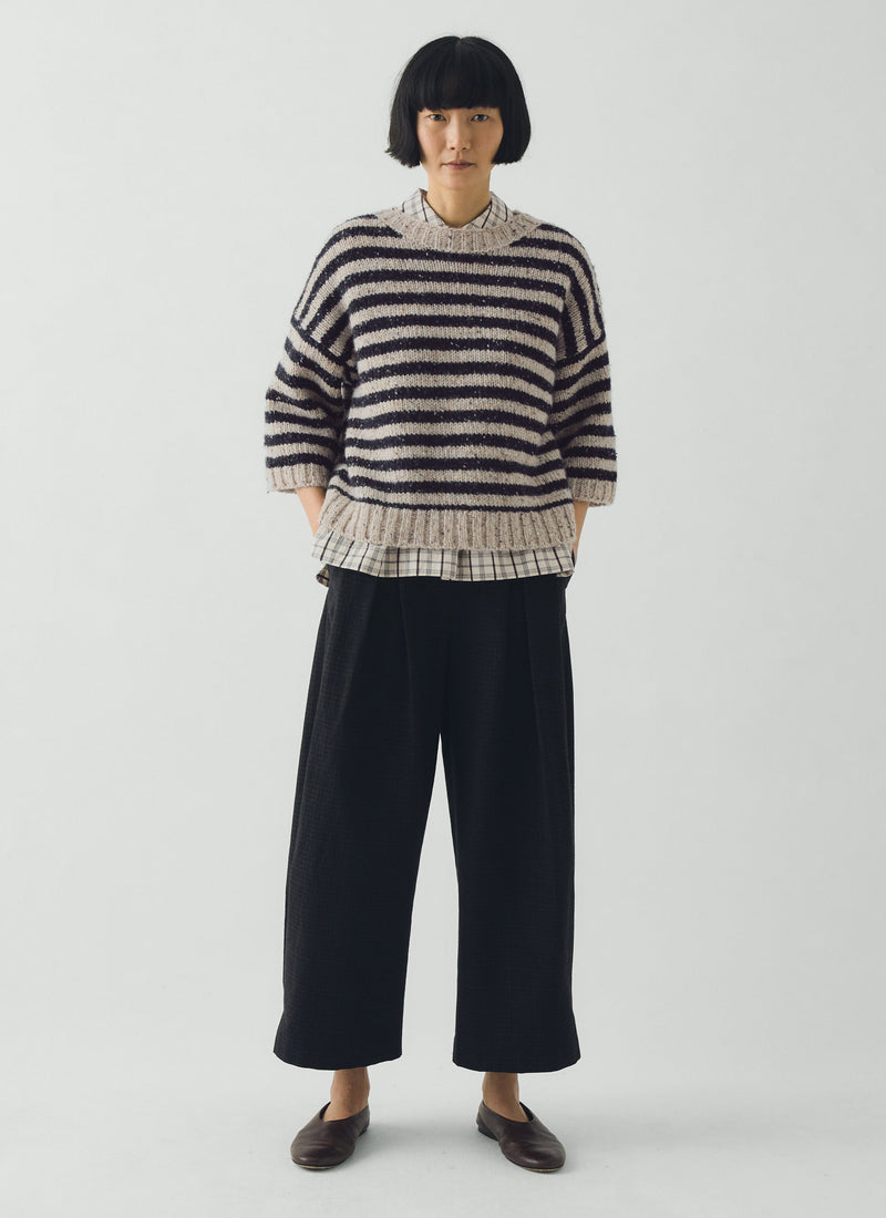 Stripe Donegal Short Sleeve Sweater | Soft Black/Oatmeal