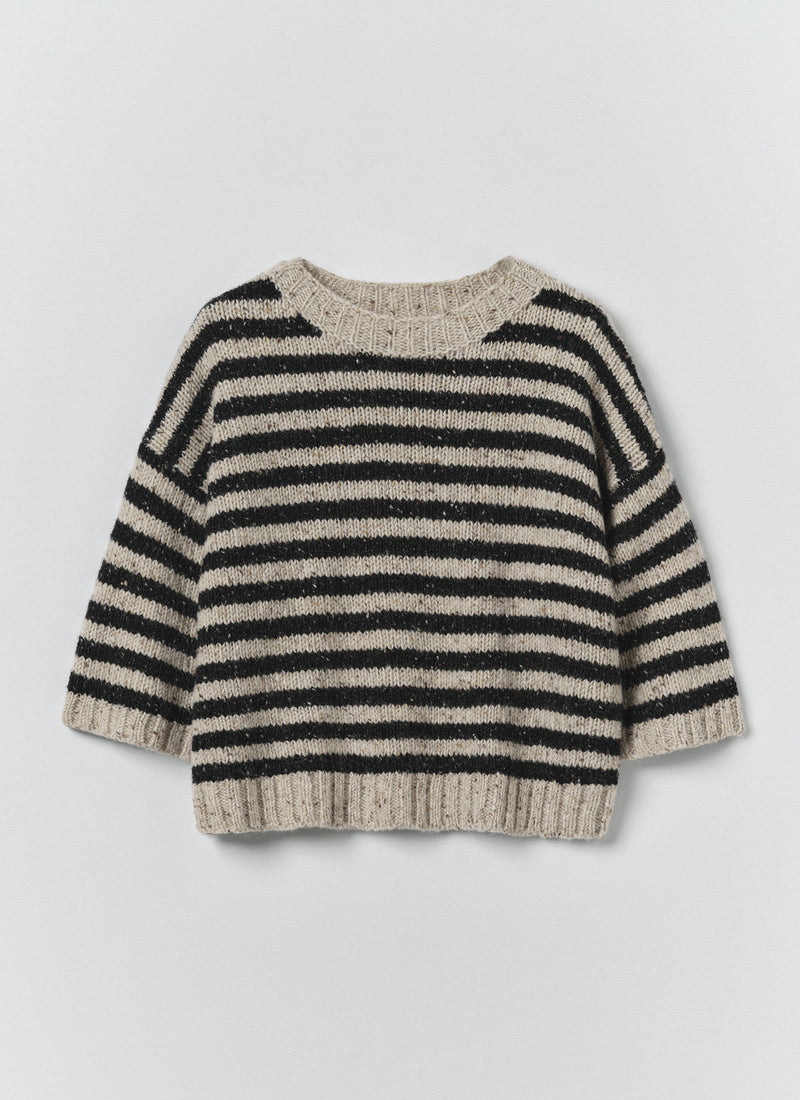 Stripe Donegal Short Sleeve Sweater | Soft Black/Oatmeal