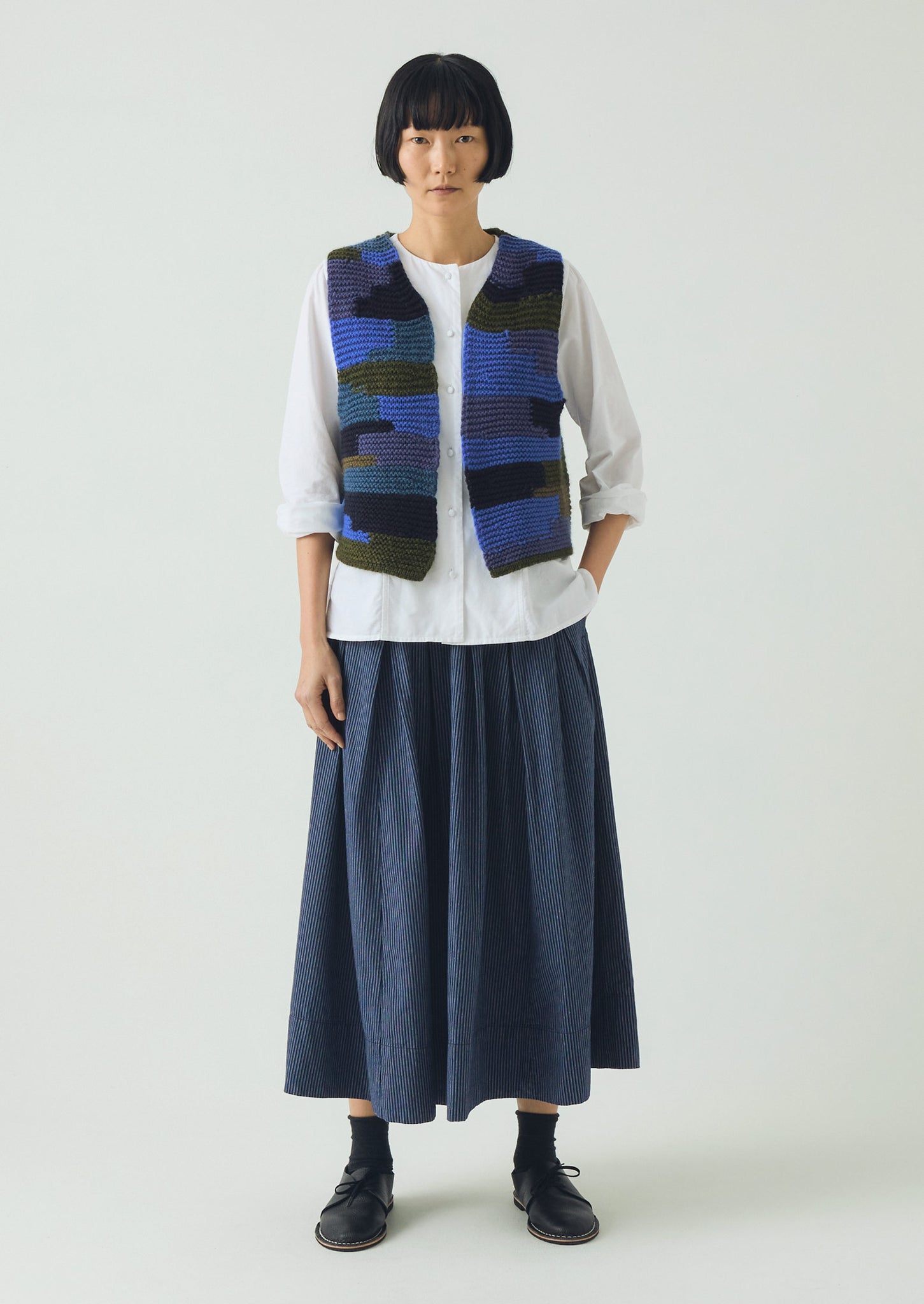 Patchwork Knitted Wool Gilet | Blue Multi