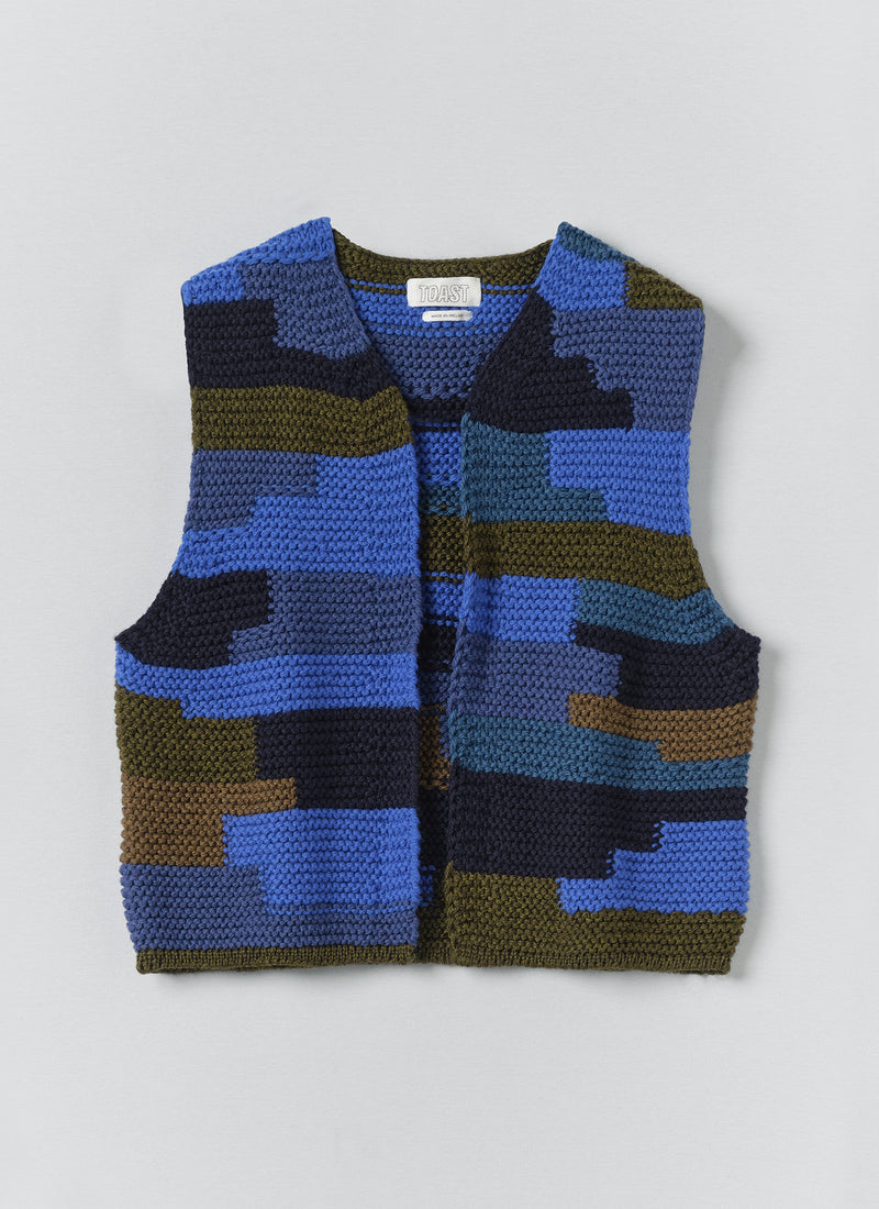 Patchwork Knitted Wool Gilet | Blue Multi