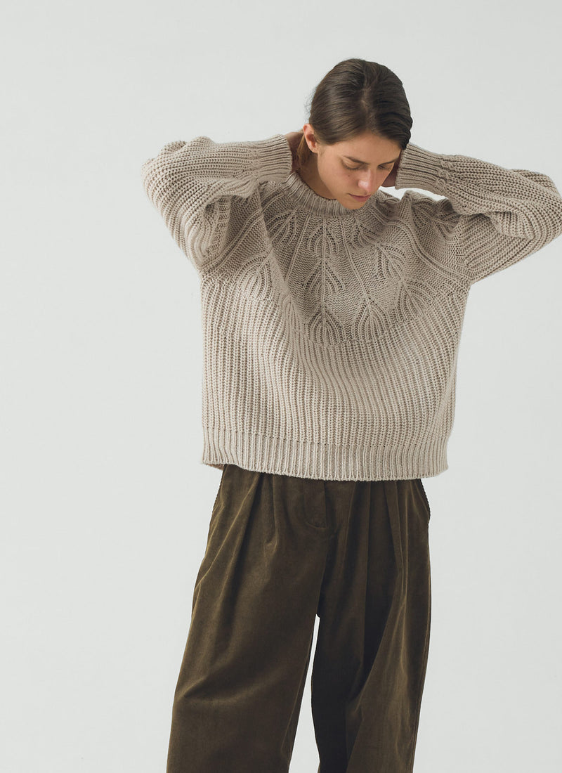 Fan Stitch Wool Cotton Sweater | Ivory