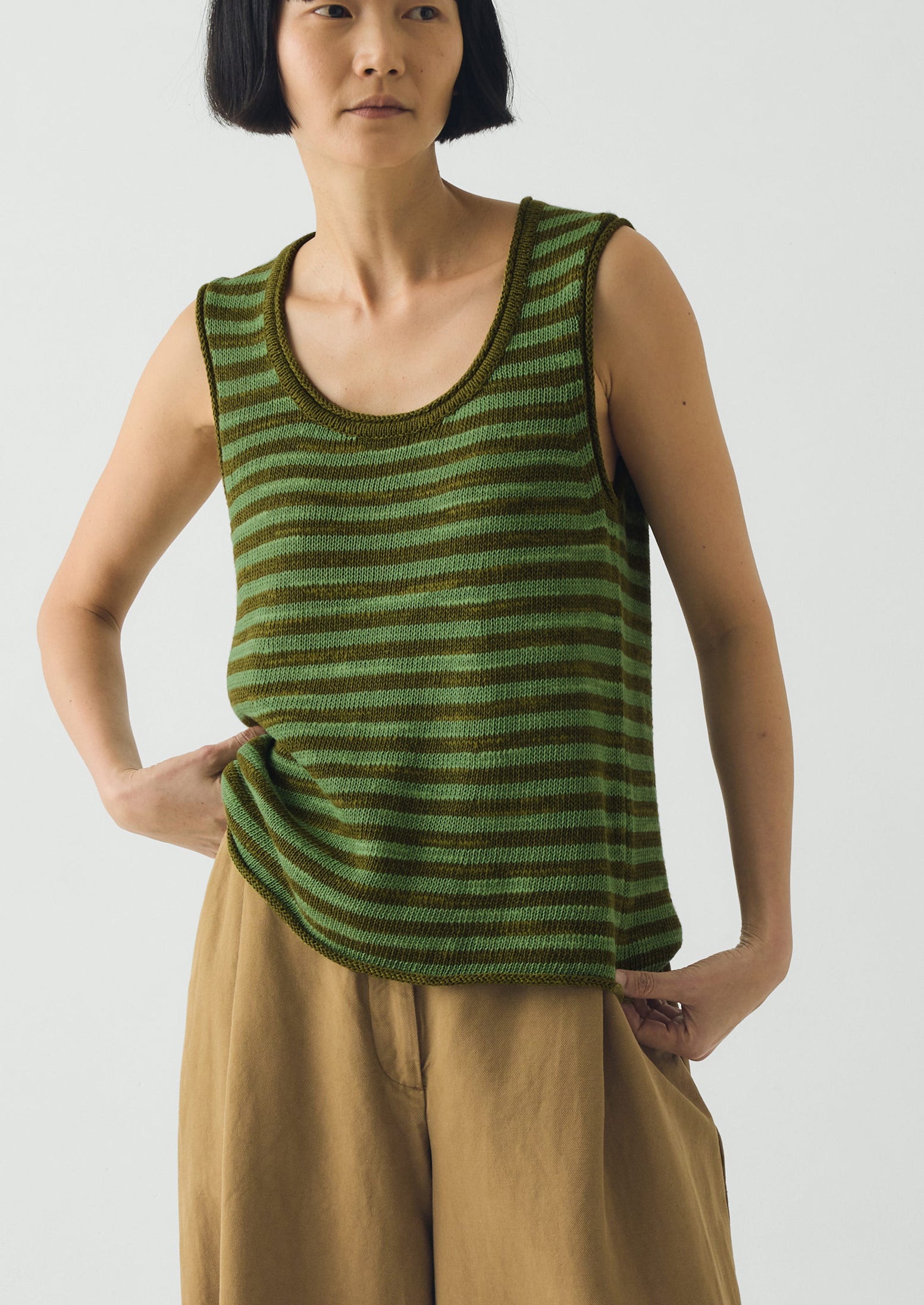 Stripe Linen Cotton Knitted Vest | Green Olive/Verde | TOAST