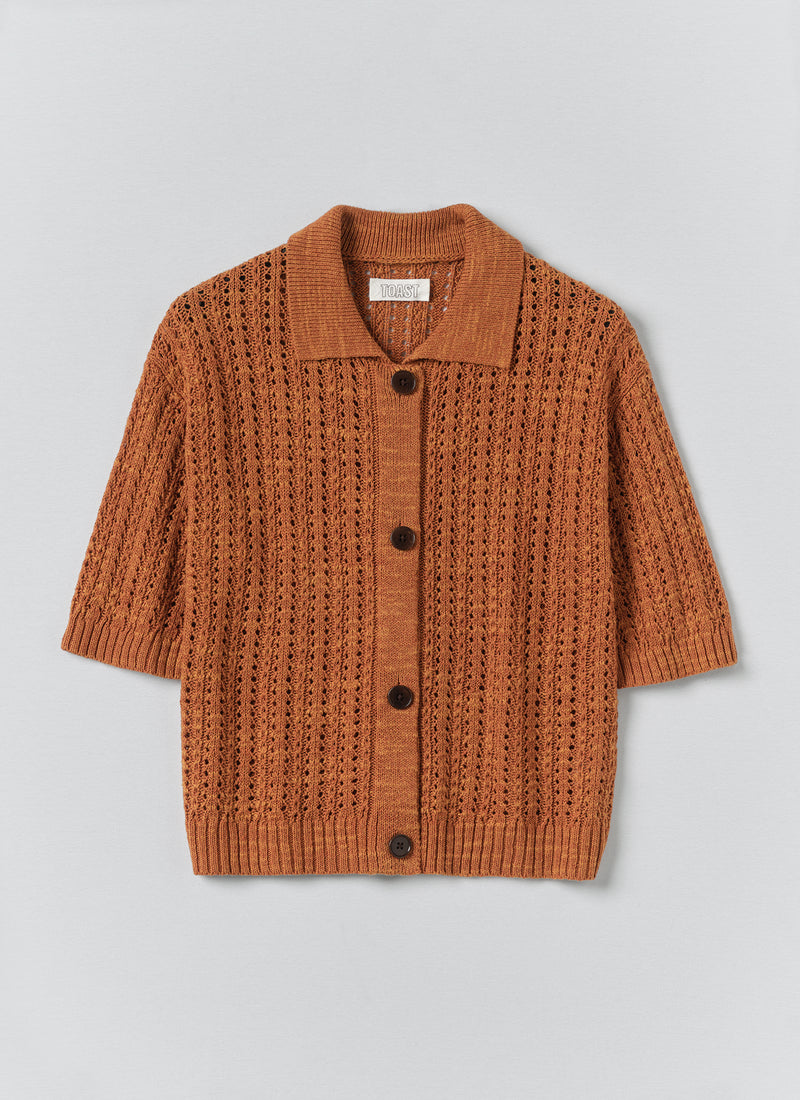 Open Stitch Knitted Linen Cotton Polo | Amber