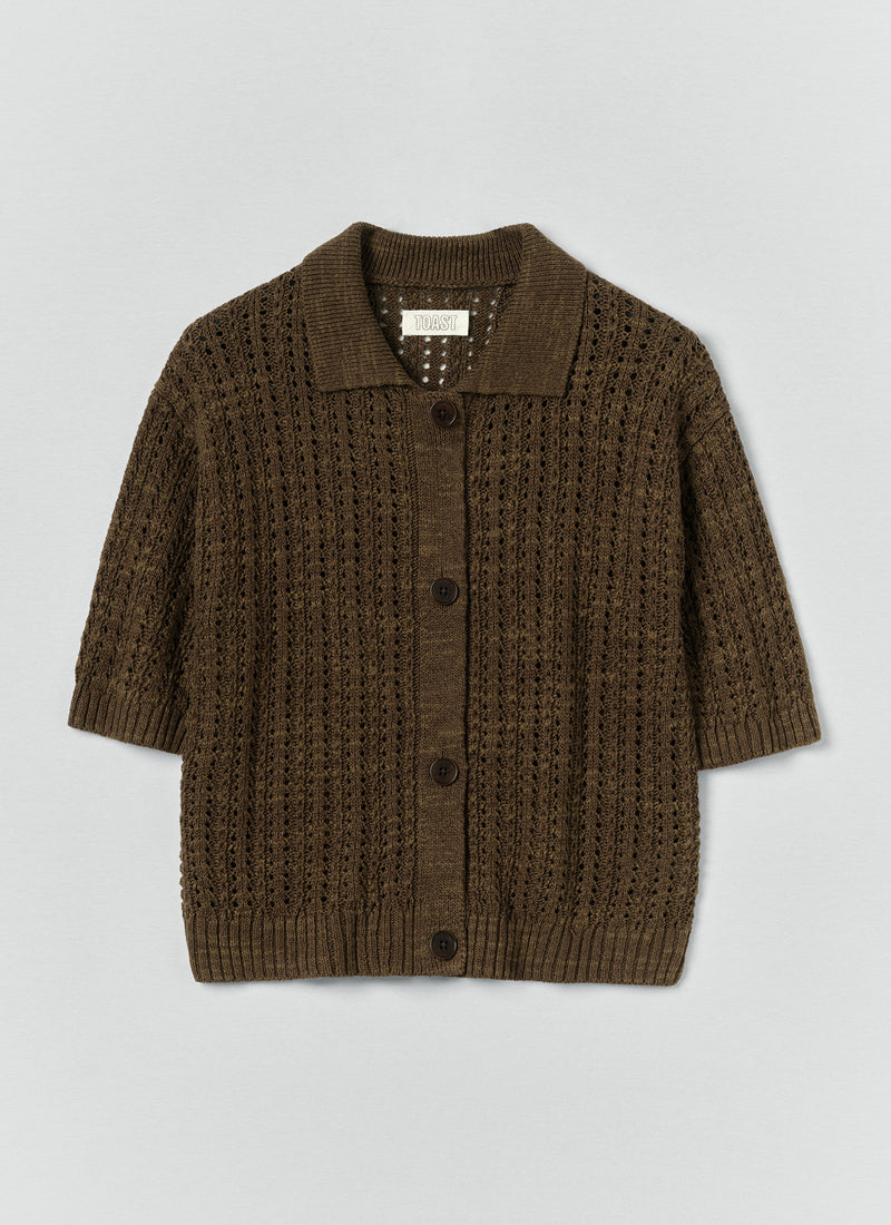 Open Stitch Knitted Linen Cotton Polo | Bronze Green