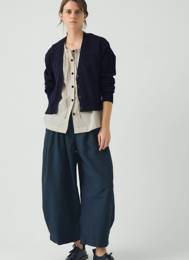 Wool Linen Patch Pocket Cardigan | Dark Navy
