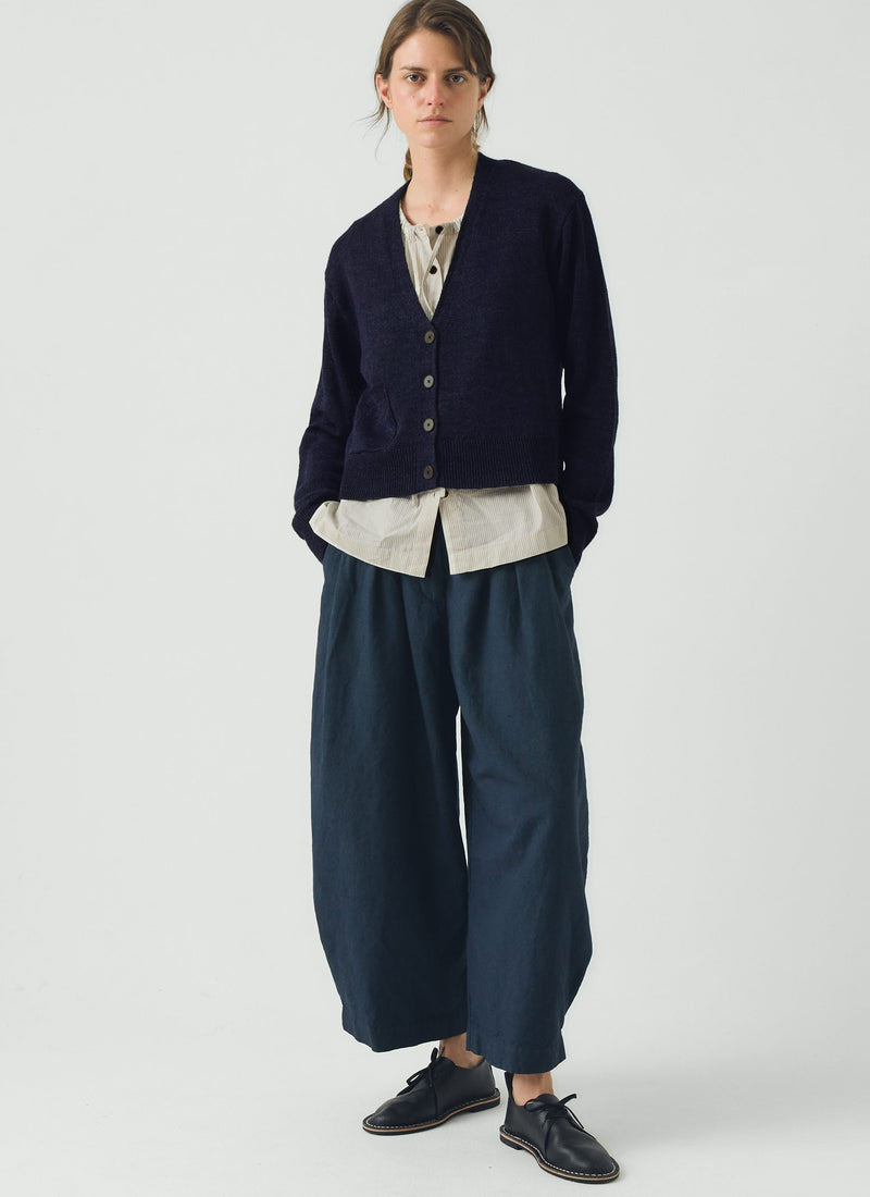 Wool Linen Patch Pocket Cardigan | Dark Navy