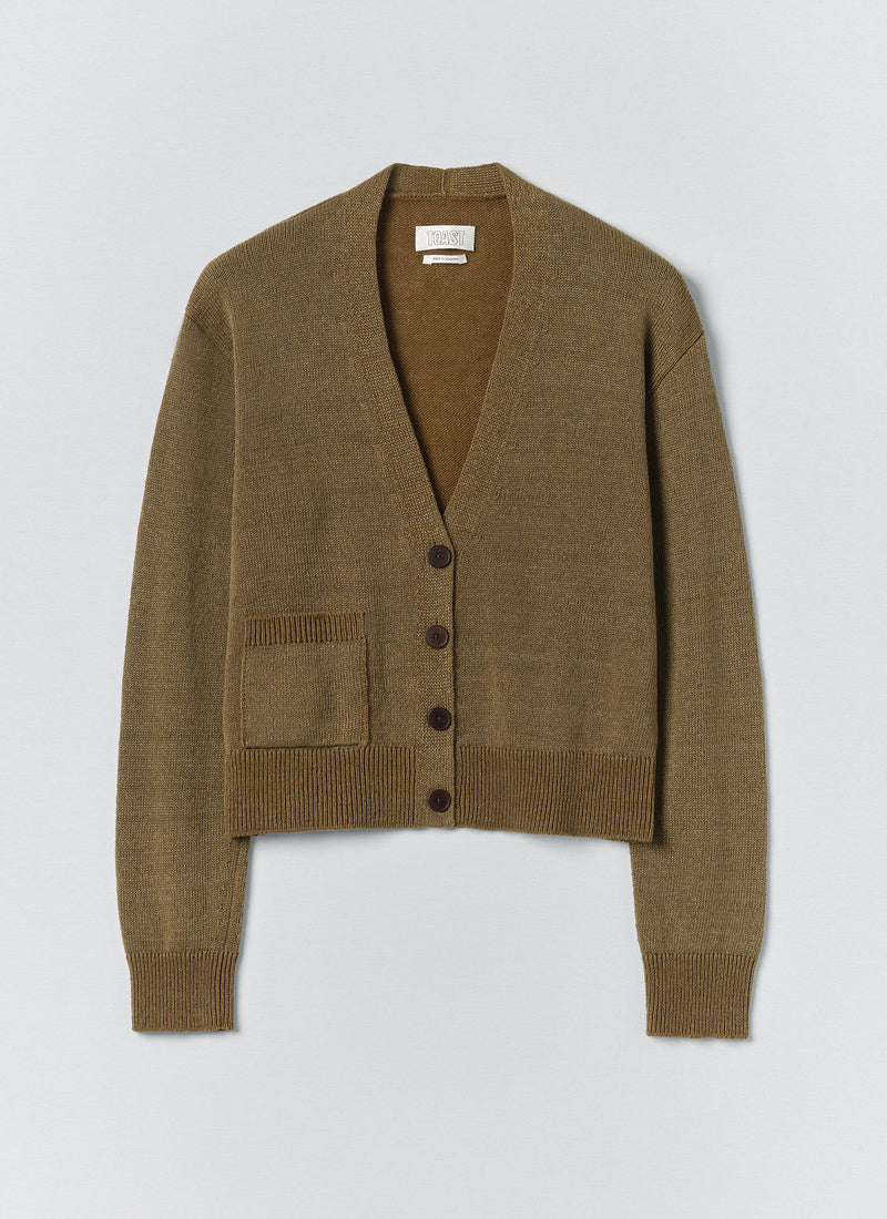 Wool Linen Patch Pocket Cardigan | Old Gold