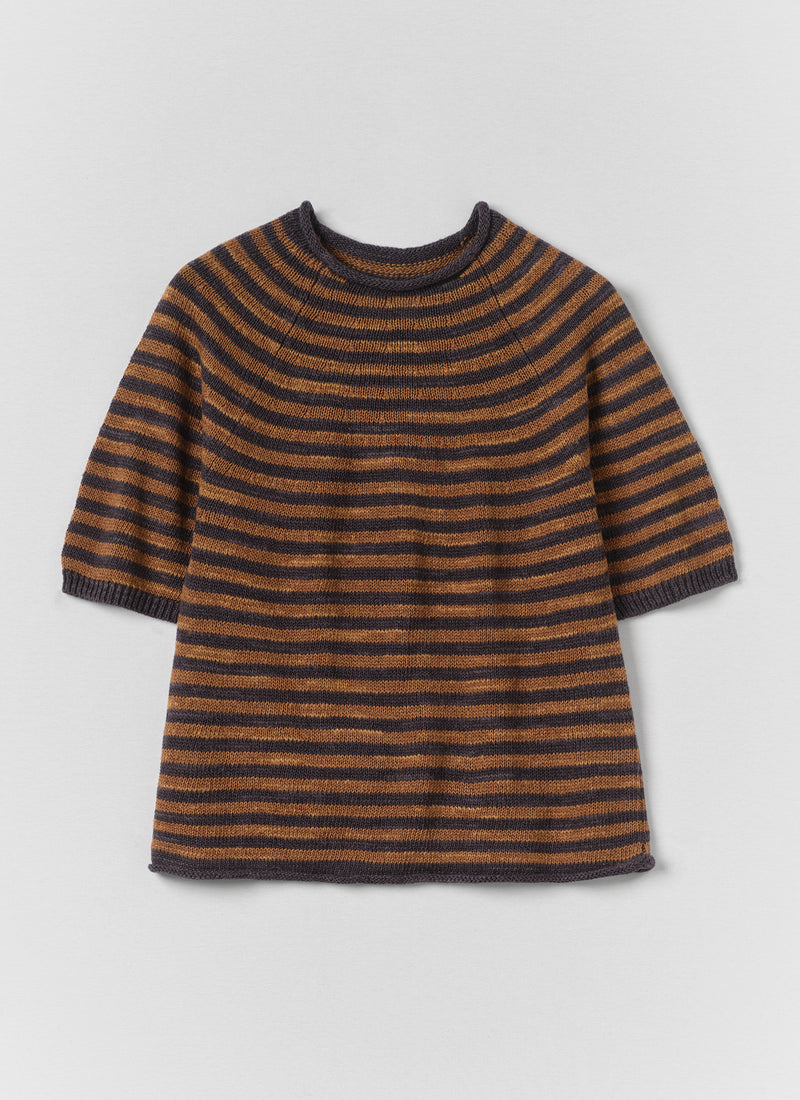 Stripe Linen Cotton Knitted Tee | Graphite Blue/Copper