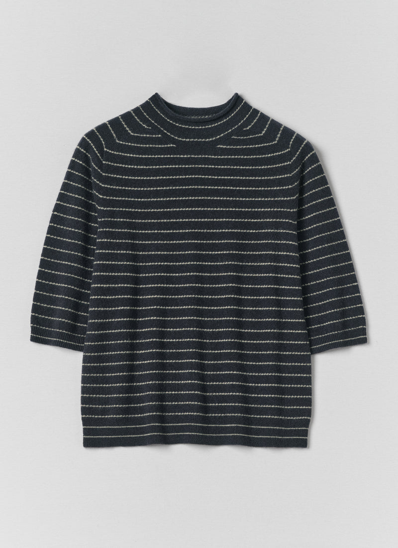 Fine Stripe Wool Cashmere Half Sleeve Sweater | Navy/Camel