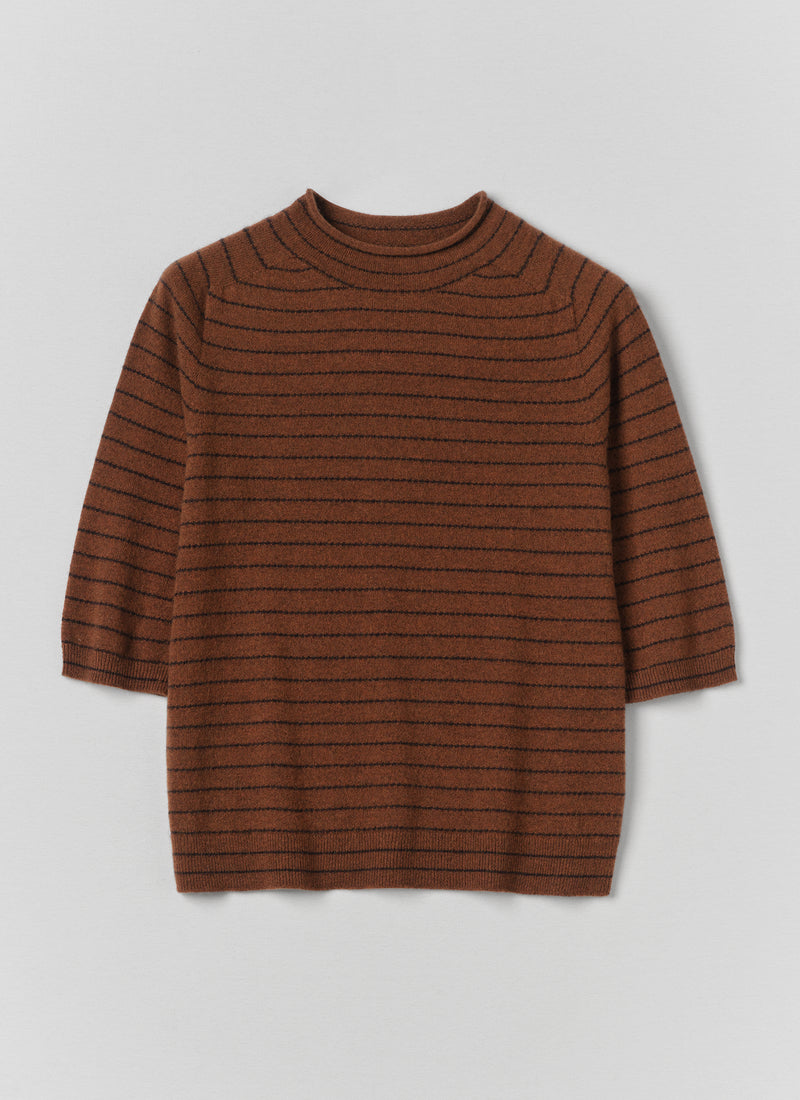 Fine Stripe Wool Cashmere Half Sleeve Sweater | Russet/Brown
