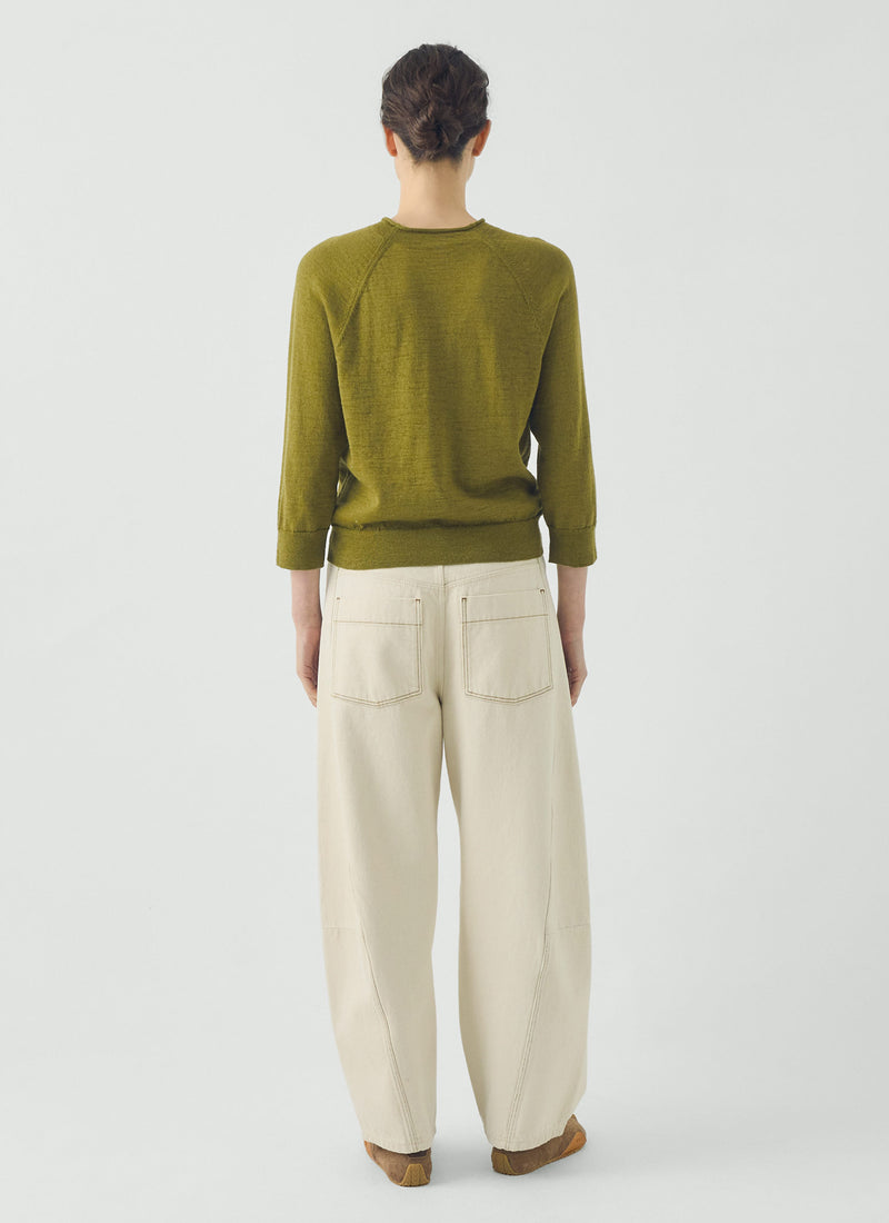 Fine Wool Cotton Half Sleeve Sweater | Bright Olive