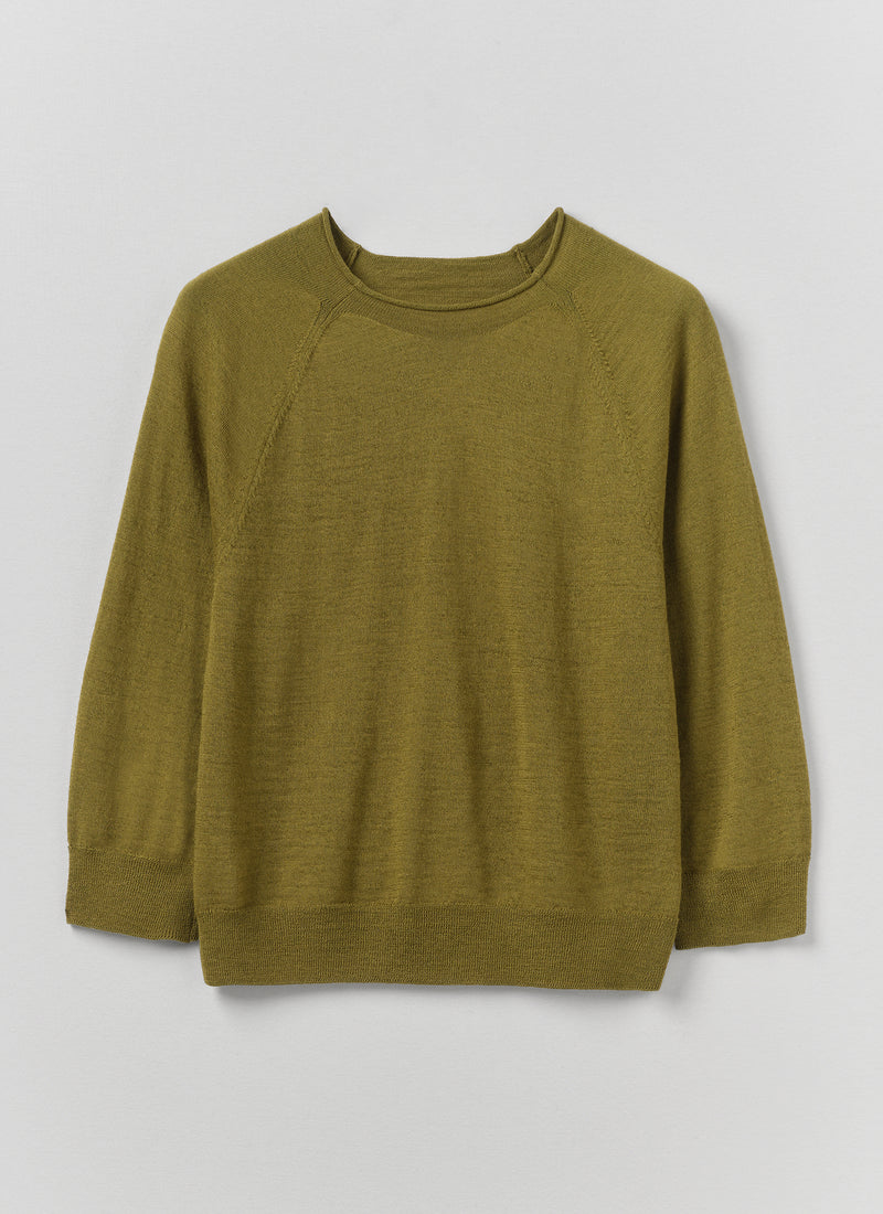 Fine Wool Cotton Half Sleeve Sweater | Bright Olive