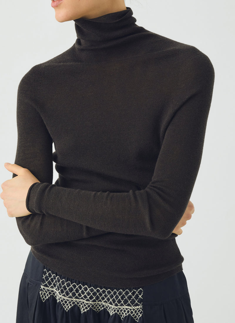 High Neck Wool Cashmere Fine Ribbed Sweater | Brown Umber