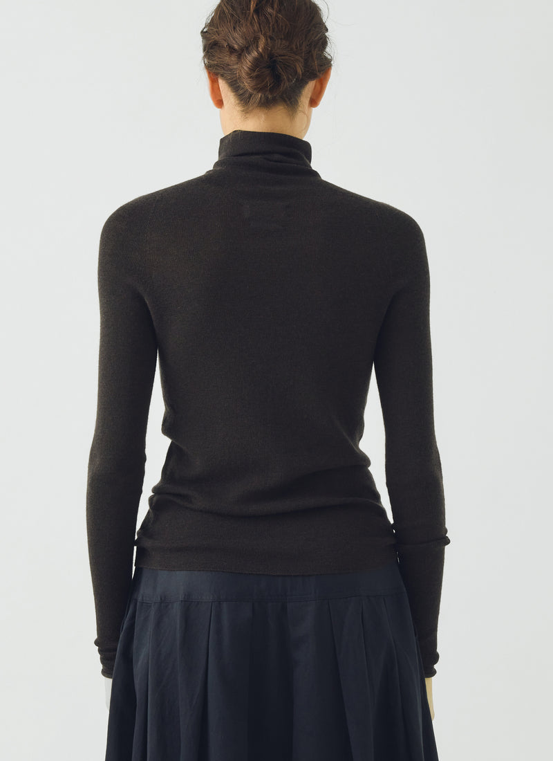High Neck Wool Cashmere Fine Ribbed Sweater | Brown Umber