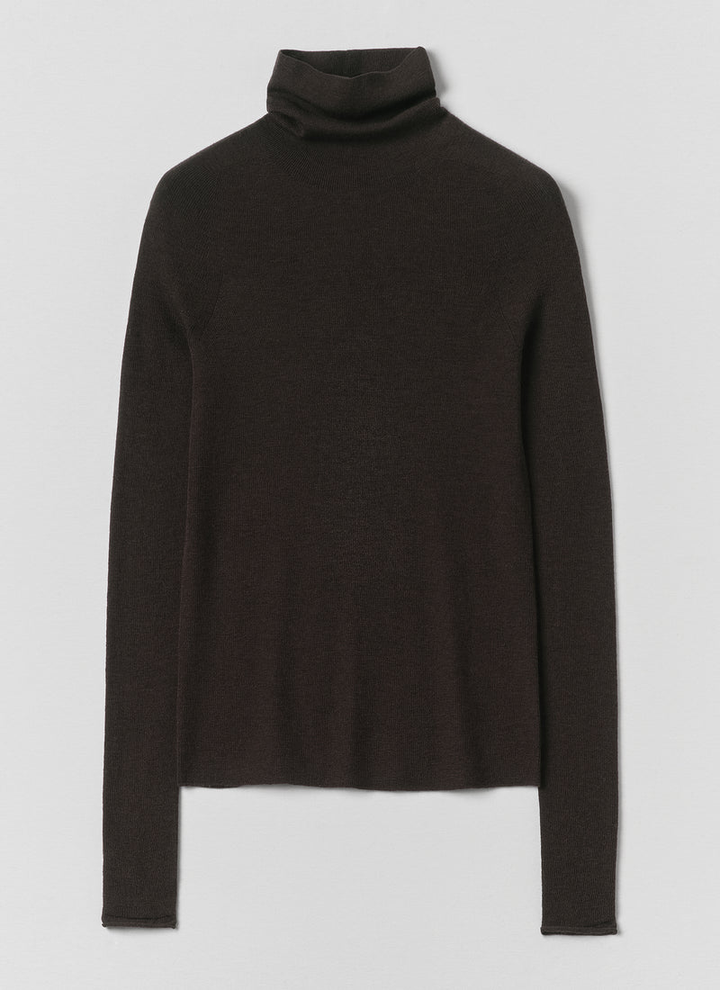 High Neck Wool Cashmere Fine Ribbed Sweater | Brown Umber