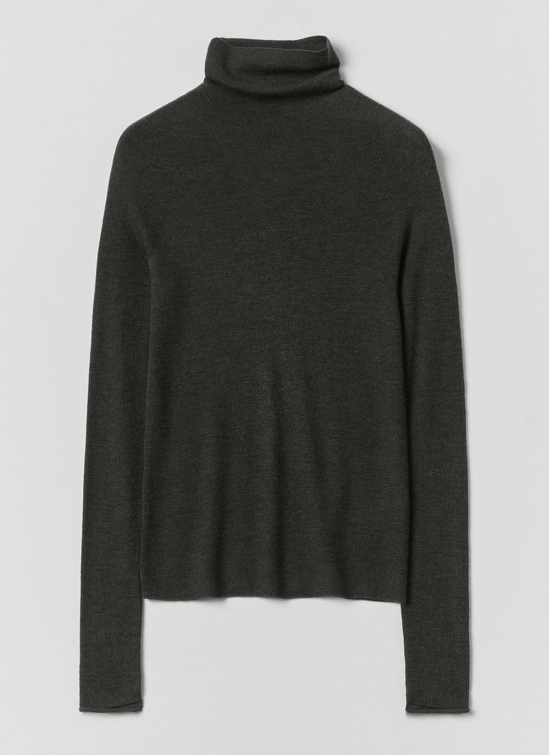 High Neck Wool Cashmere Fine Ribbed Sweater | Deep Forest