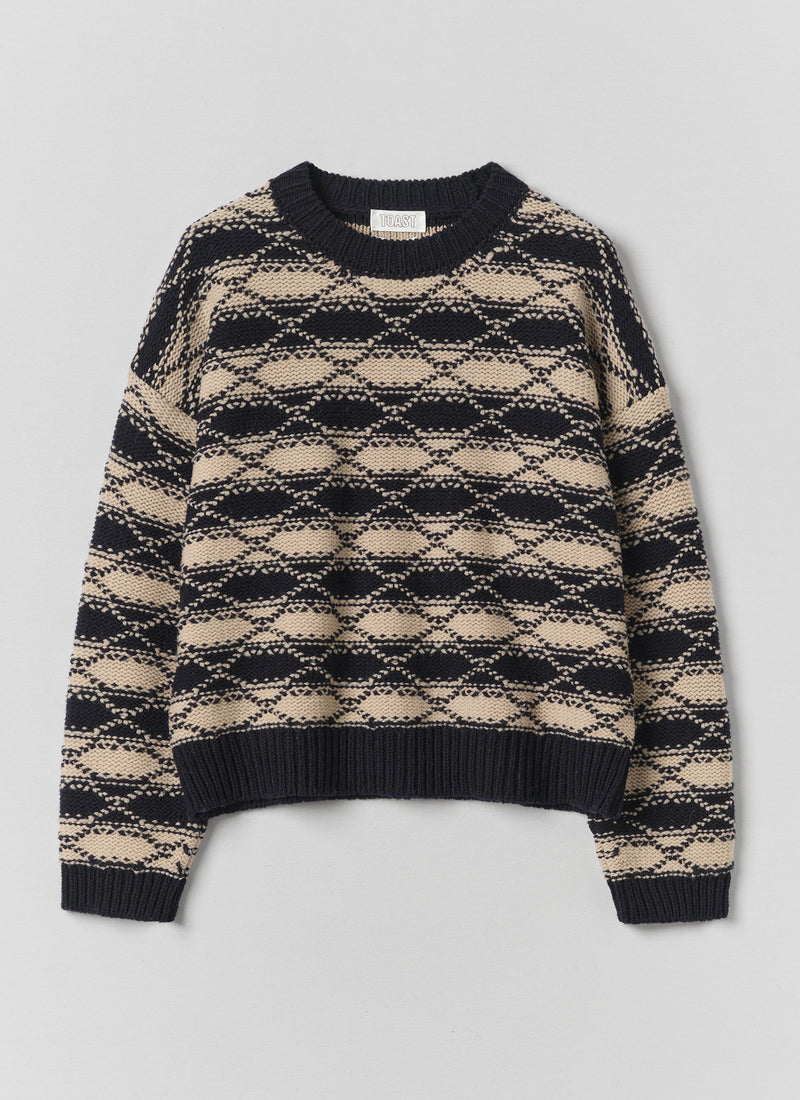 Jacquard Stripe Wool Sweater | Navy/Ecru