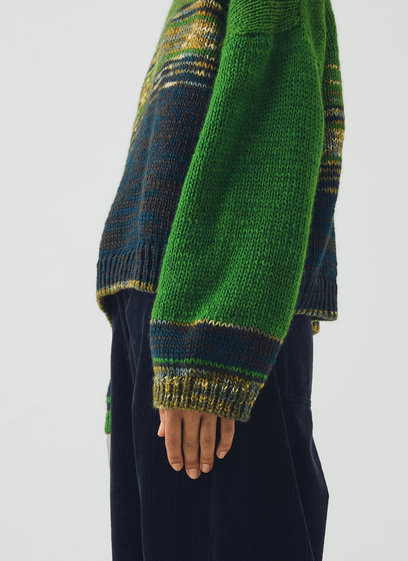Colour Block Hand Framed Wool Sweater | Green Multi