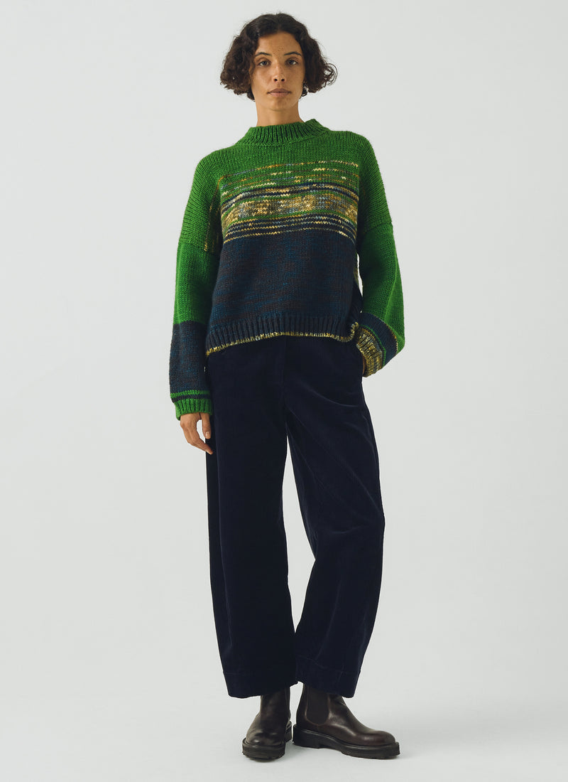 Colour Block Hand Framed Wool Sweater | Green Multi