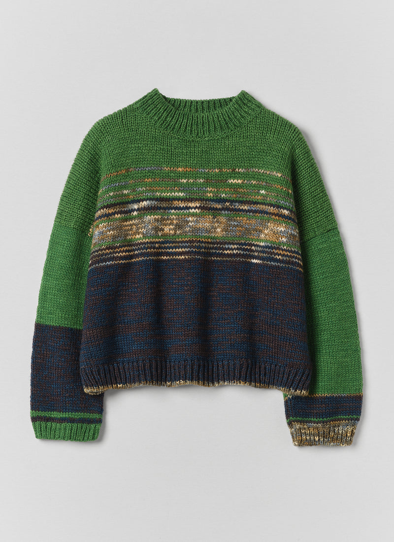 Colour Block Hand Framed Wool Sweater | Green Multi