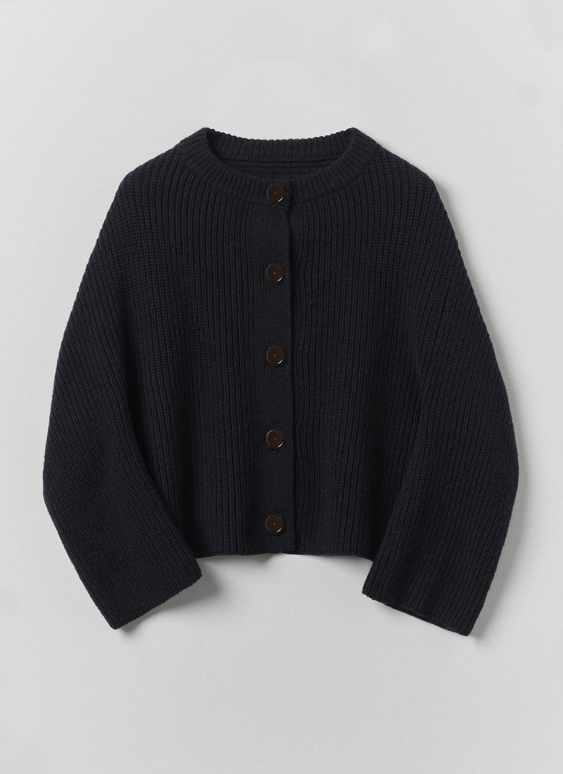 Ribbed Wool Rounded Cardigan | Dark Navy