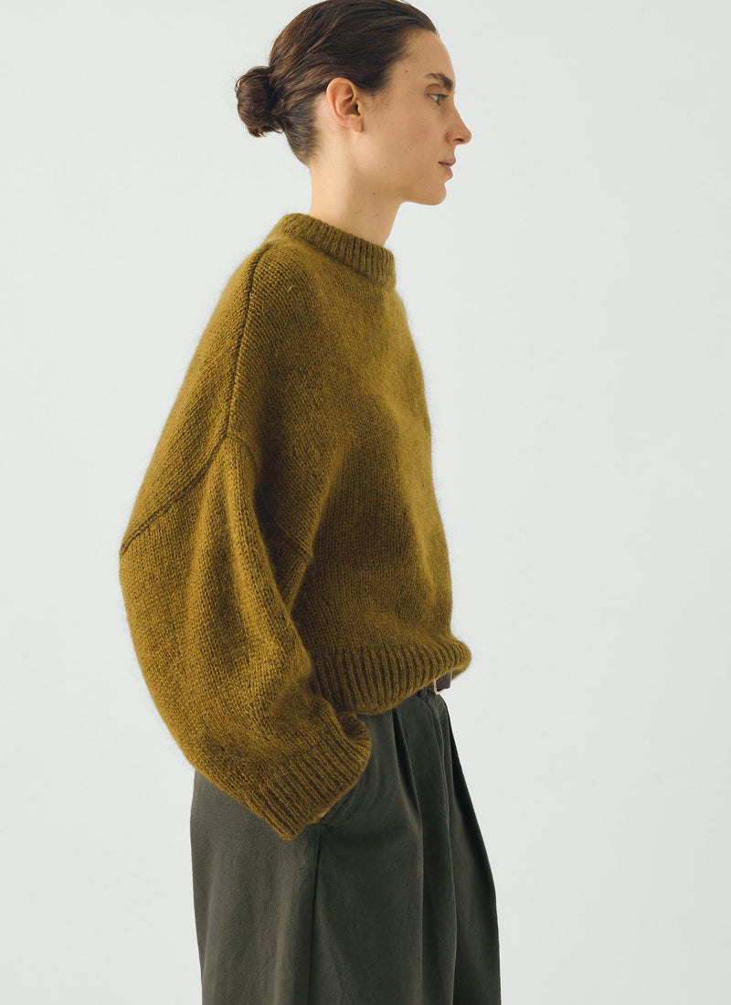 Mohair Wool Blend Rounded Sweater | Golden Olive