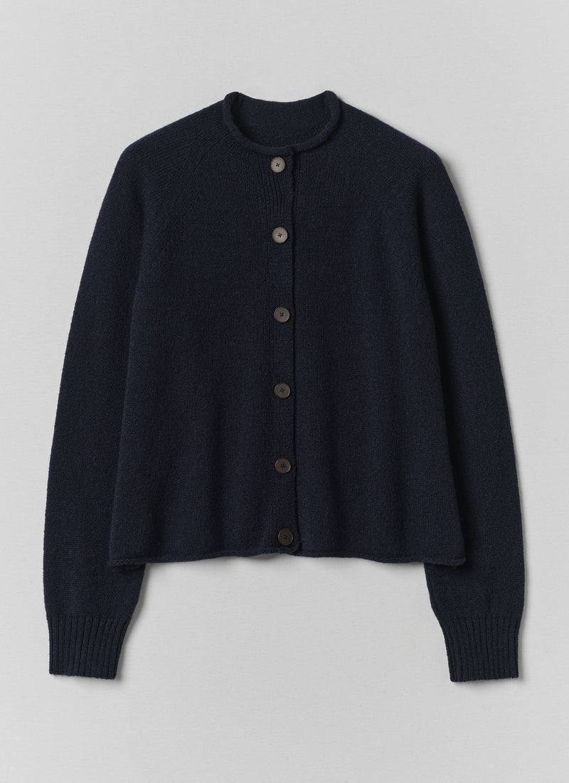 Heathery Wool High Neck Cardigan | Darkest Navy